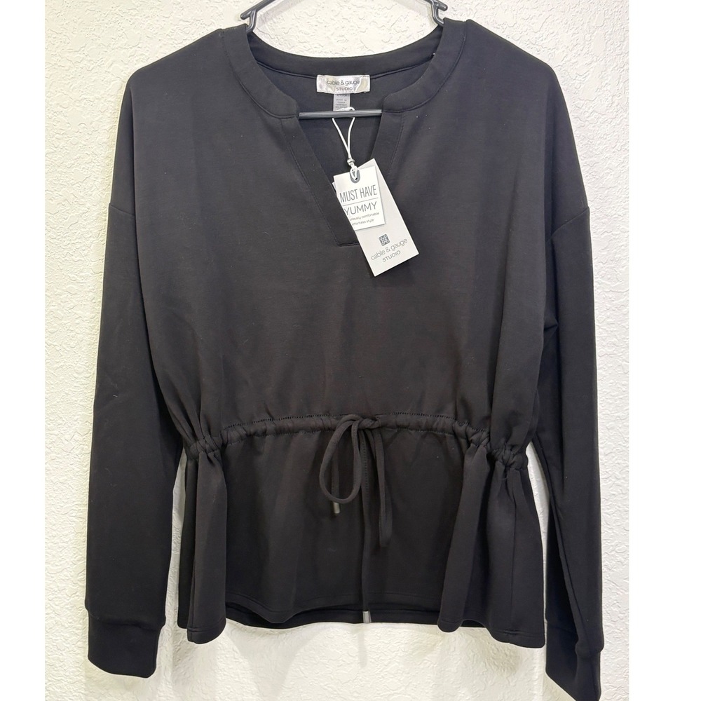 Cable & Gauge Studio Womens Jet‎ Black Split V-Neck Drawstring Top NWT Small